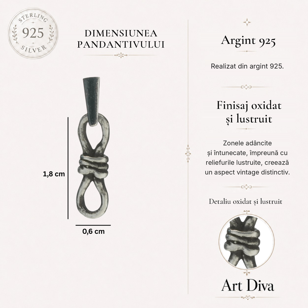 Bijuterie din argint 925 – Nodul iubirii infinite, pandantiv realizat manual cu simbolul eternității pentru brățară sau colier, bijuterie sculpturală rustică | Art Diva