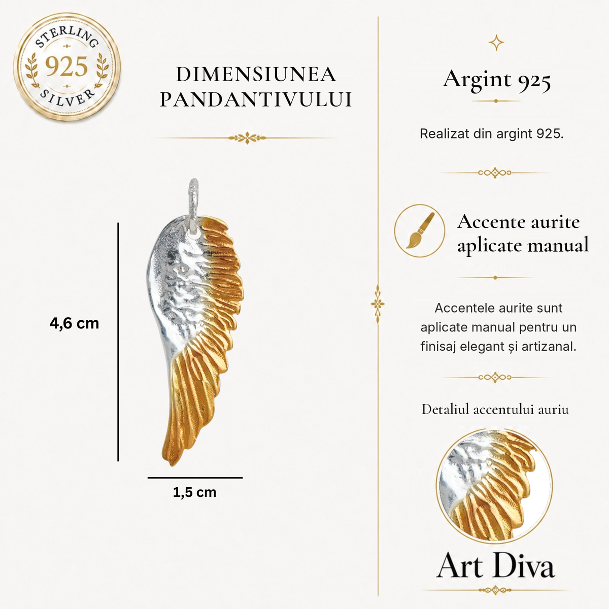 Pandantiv Aripă de Înger din argint 925 cu accente aurii | Art Diva