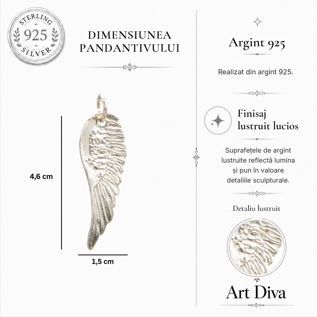 Pandantiv Aripă de înger din argint 925 – bijuterie sculpturală realizată manual în stil boho și rustic, talisman pentru protecție și forță spirituală | Art Diva