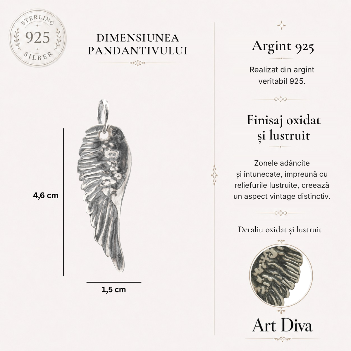 Pandantiv Aripă de Înger din argint 925 – talisman de protecție, bijuterie sculpturală handmade în stil boho, cadou pentru mamă, fiică sau prietenă | Art Diva