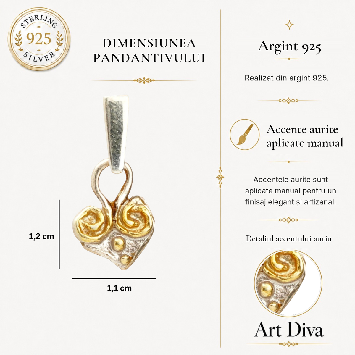 Talisman al iubirii – pandantiv Inimă realizat manual din argint 925 cu accente de culoarea aurului, în stil boho și rustic | Art Diva