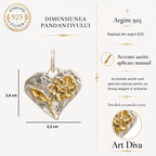 Talisman pentru iubire și căldură sufletească – pandantiv Inimă cu floare, realizat manual din argint 925 cu accente de culoarea aurului, în stil boho și rustic | Art Diva