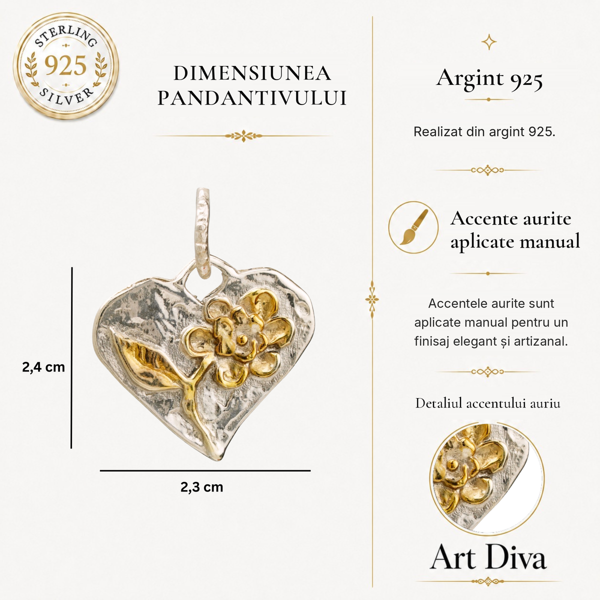 Talisman pentru iubire și căldură sufletească – pandantiv Inimă cu floare, realizat manual din argint 925 cu accente de culoarea aurului, în stil boho și rustic | Art Diva