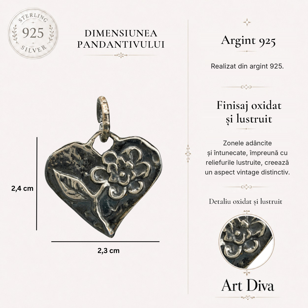Pandantiv Inimă cu Floare din argint 925 – talisman al iubirii realizat manual, bijuterie sculpturală în stil boho, cadou ideal pentru mamă, fiică sau prietenă | Art Diva