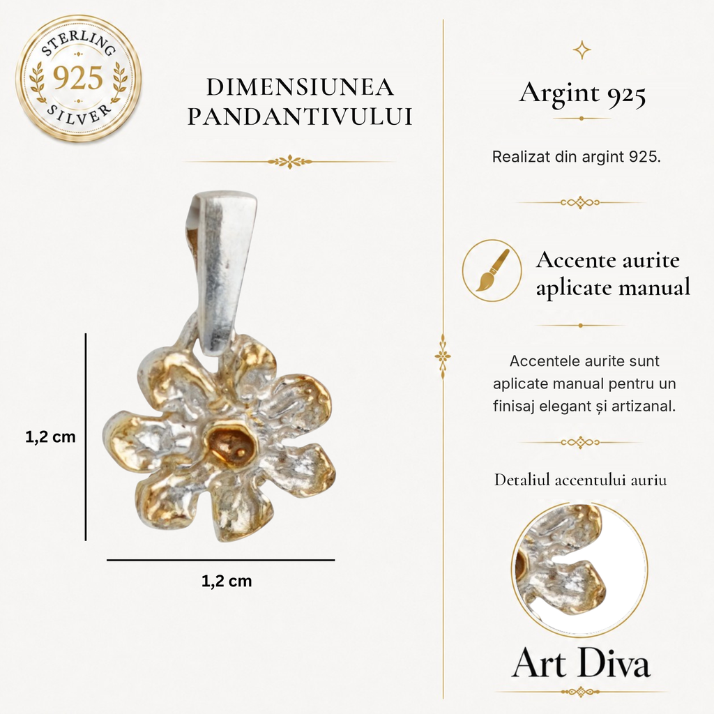 Pandantiv „Floare” din argint 925 – talisman boho realizat manual pentru armonie, bijuterie sculpturală și cadou pentru mamă, fiică sau prietenă | Art Diva