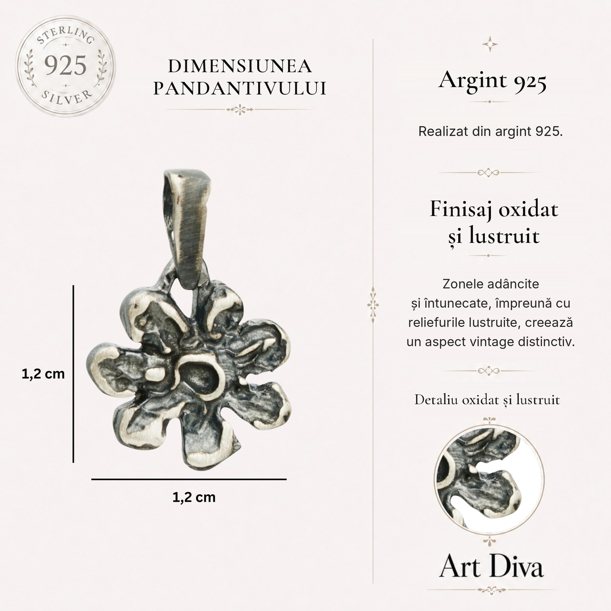 Pandantiv „Floare” din argint 925 – talisman boho al armoniei realizat manual, bijuterie sculpturală și cadou pentru mamă, fiică sau prietenă | Art Diva