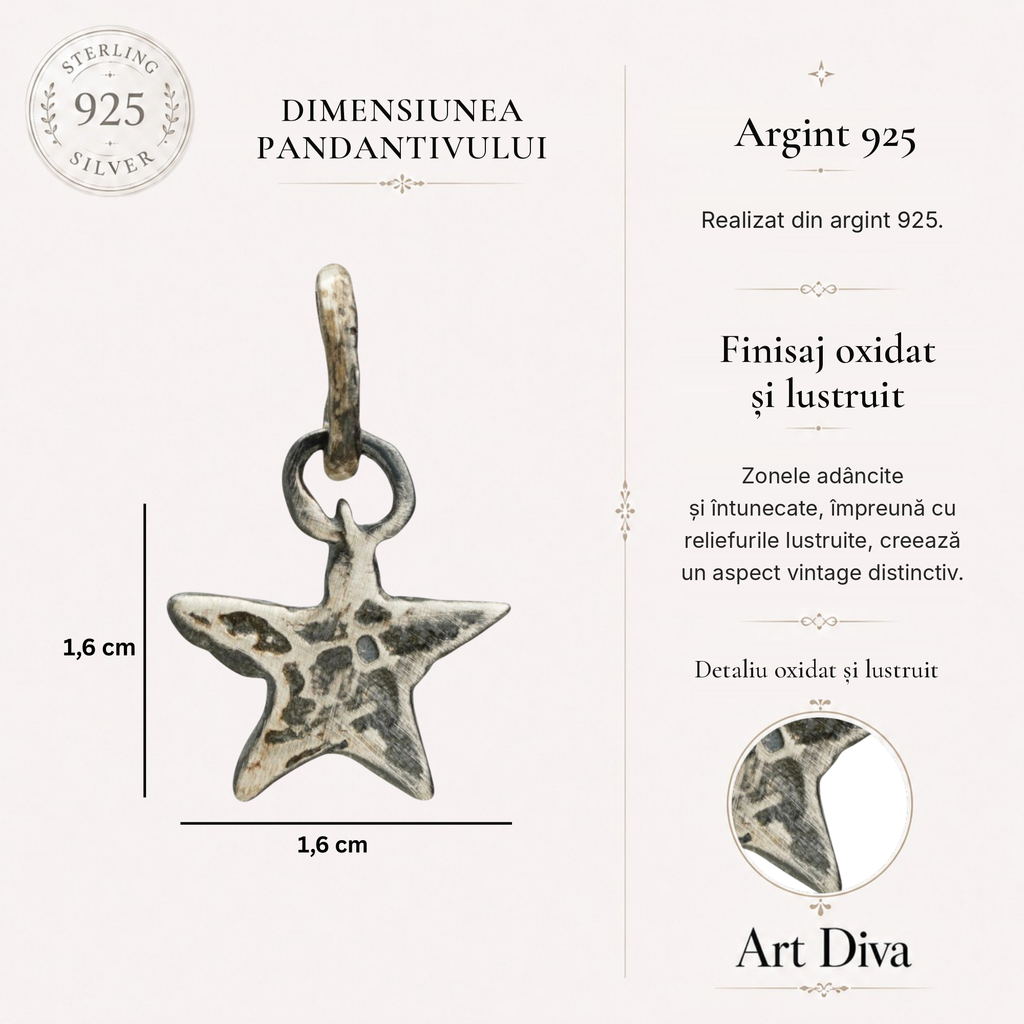 Pandantiv „Stea” din argint 925 – talisman boho al speranței realizat manual, bijuterie sculpturală și cadou pentru mamă, fiică sau prietenă | Art Diva