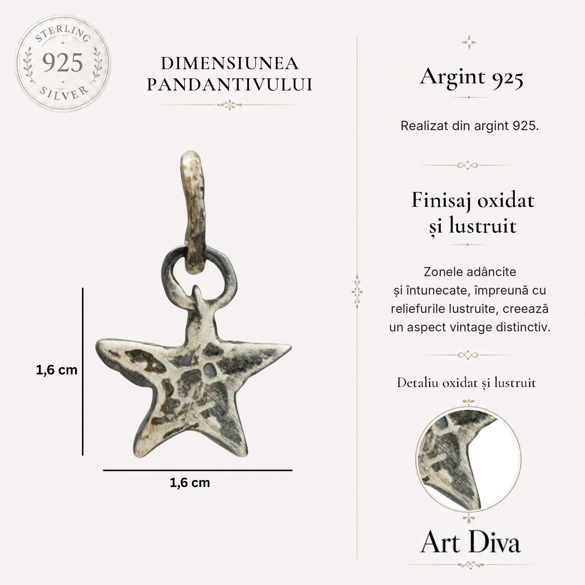 Pandantiv „Stea” din argint 925 – talisman boho al speranței realizat manual, bijuterie sculpturală și cadou pentru mamă, fiică sau prietenă | Art Diva