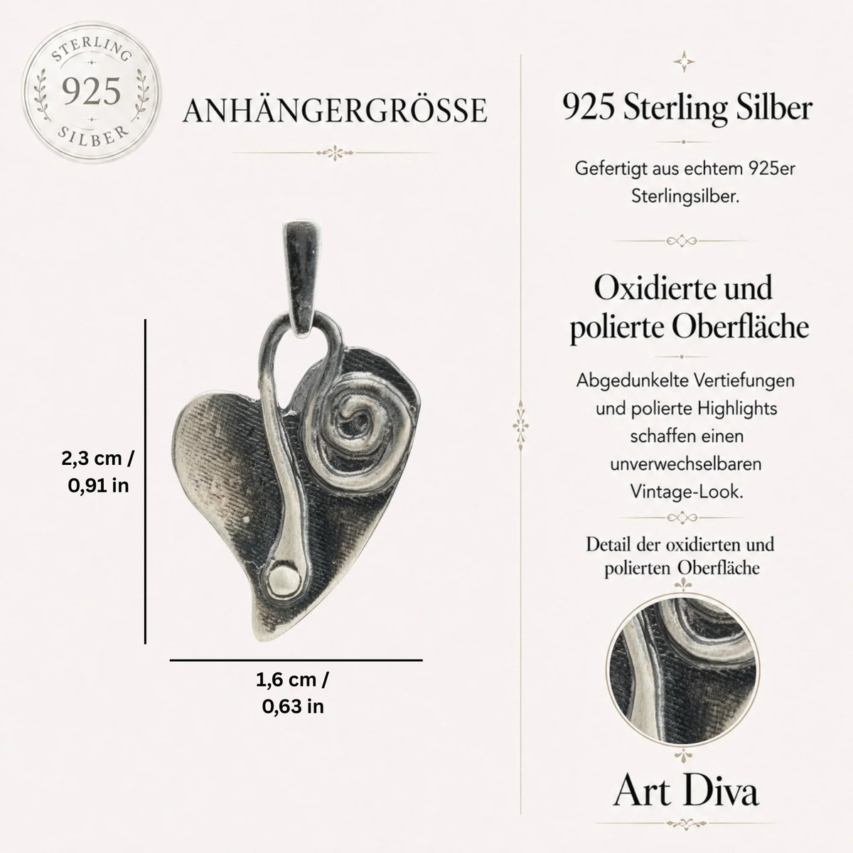 Pandantiv „Inimă și spirală” din argint 925 – talisman pentru iubire și un nou început, bijuterie sculpturală în stil boho și rustic | Art Diva