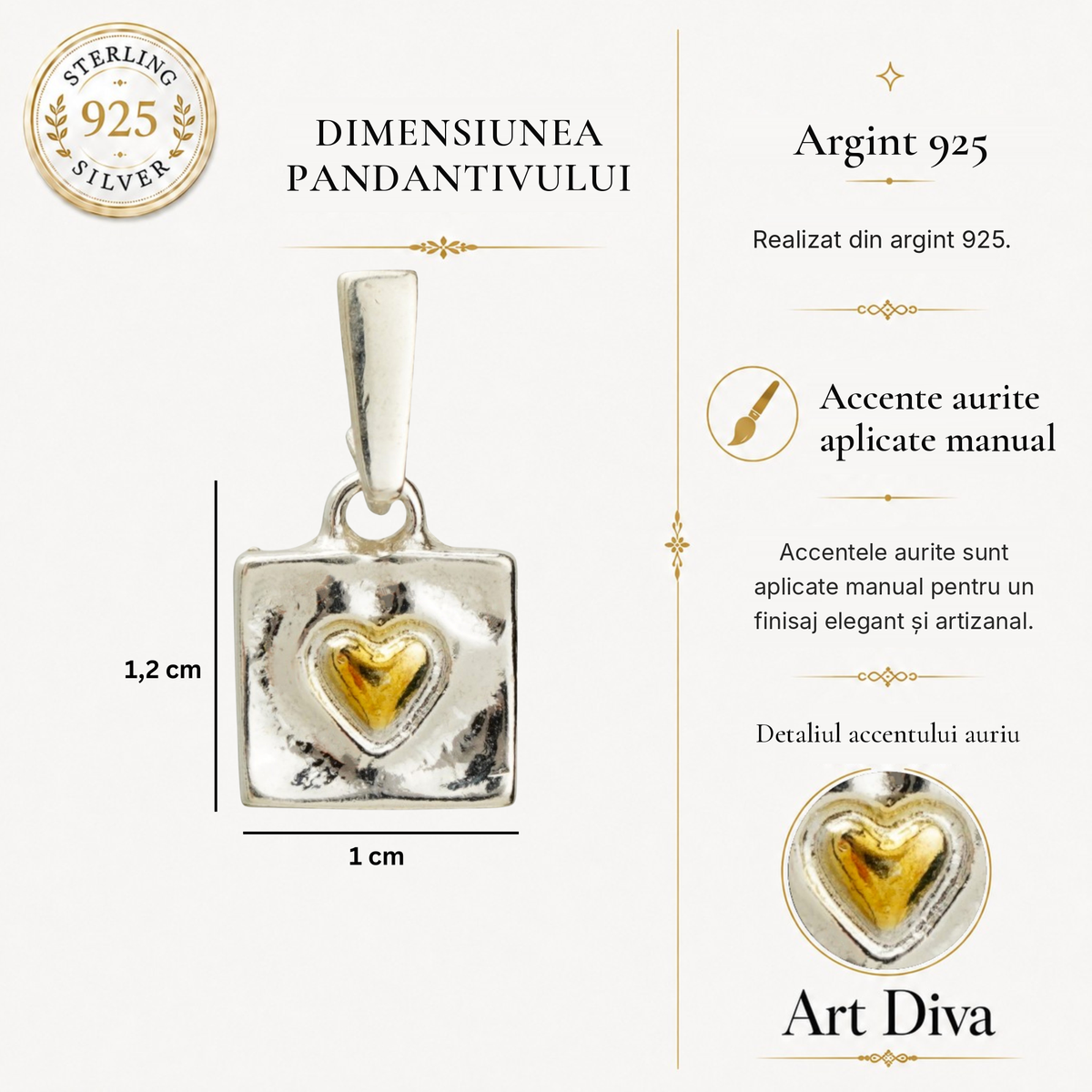 Pandantiv „Inimă în pătrat” din argint 925 cu accente aurii – bijuterie sculpturală în stil boho și rustic | Art Diva