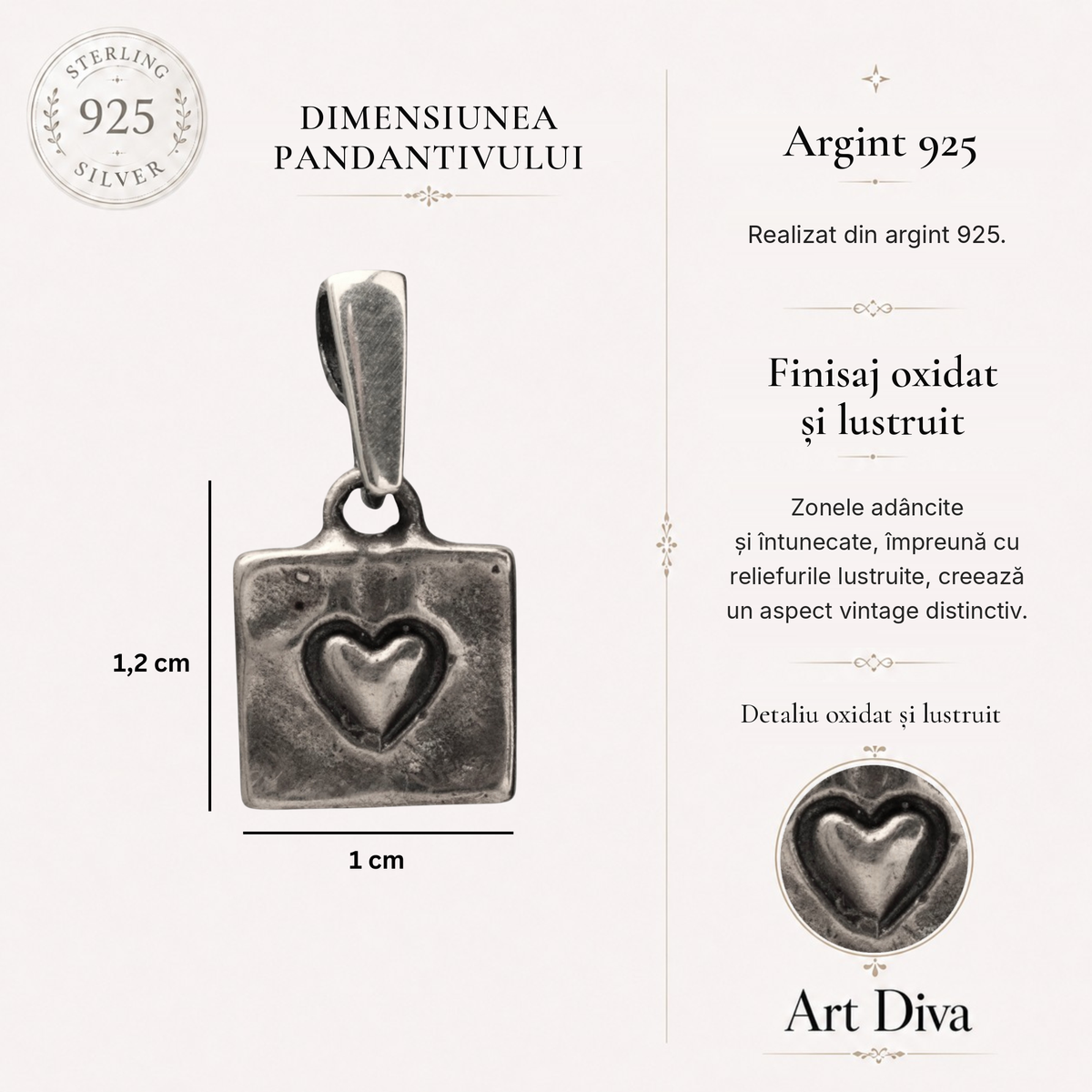 Pandantiv „Inimă în pătrat” din argint 925, realizat manual – talisman pentru iubire și afecțiune, bijuterie sculpturală în stil boho și rustic | Art Diva