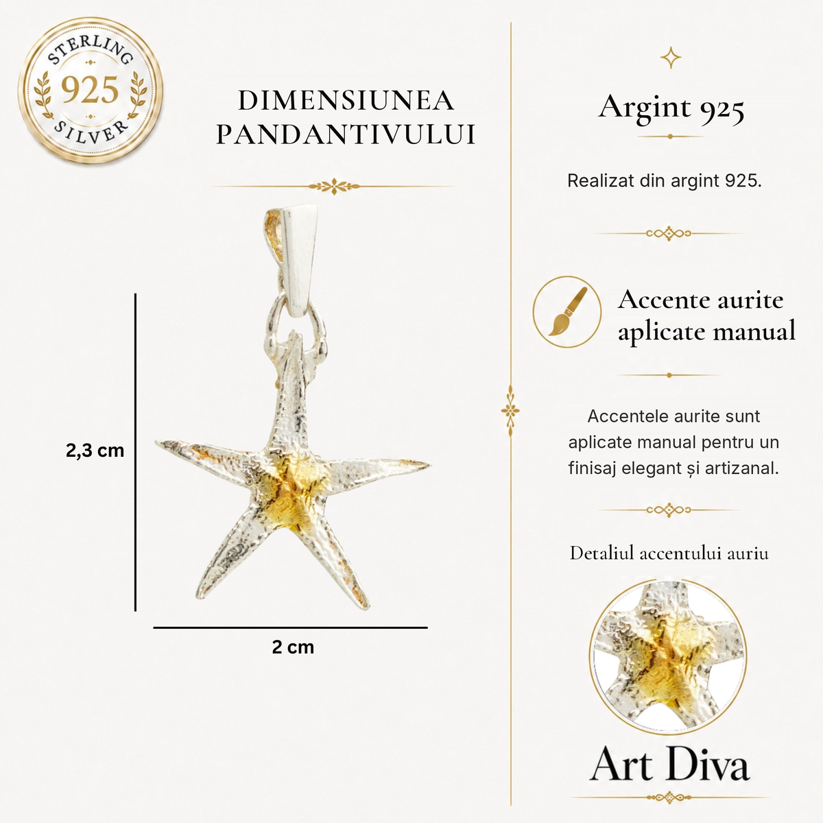 Pandantiv „Stea de mare” din argint 925 cu accente aurii – talisman pentru noroc și seninătate, bijuterie sculpturală în stil boho și rustic | Art Diva