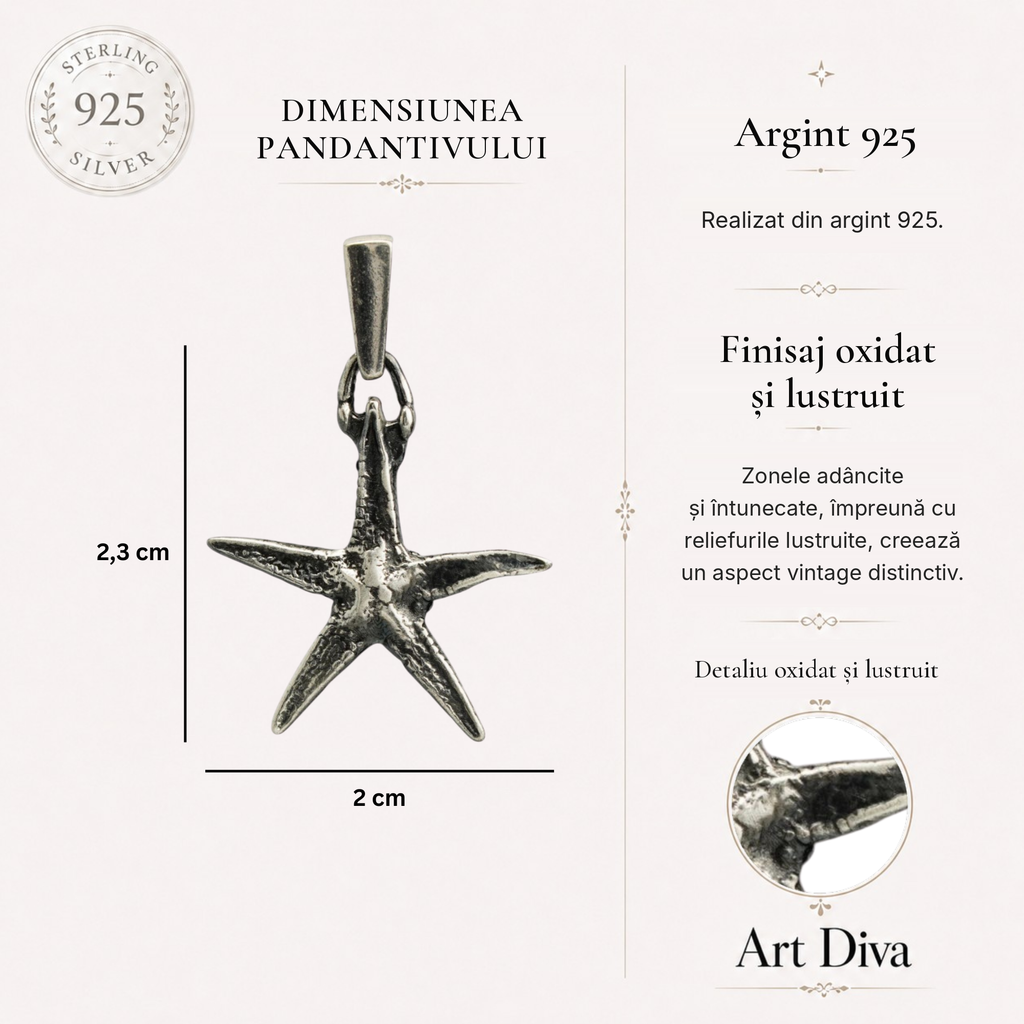Pandantiv „Stea de mare” din argint 925 oxidat – talisman pentru noroc și seninătate, bijuterie sculpturală în stil boho și rustic | Art Diva