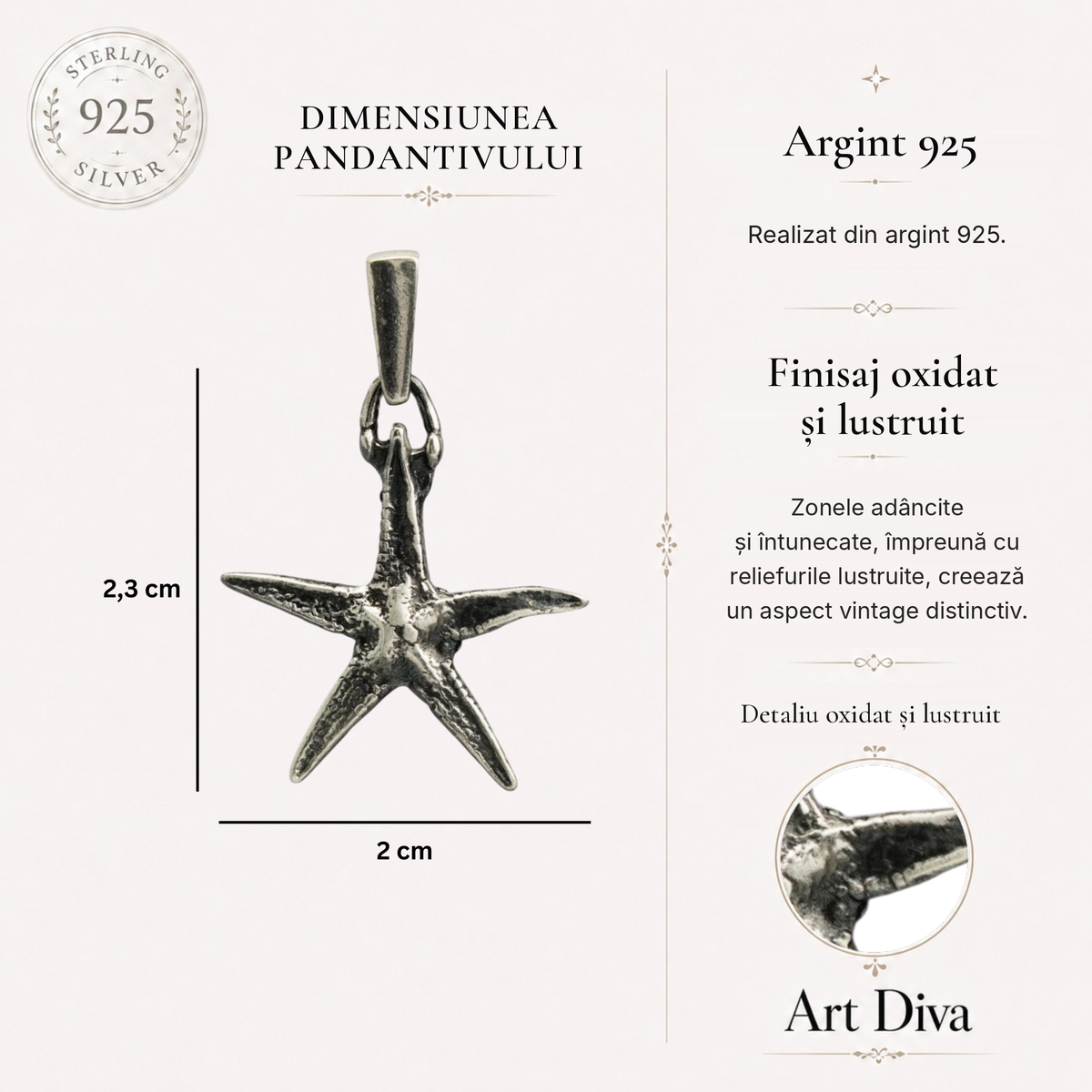 Pandantiv „Stea de mare” din argint 925 oxidat – talisman pentru noroc și seninătate, bijuterie sculpturală în stil boho și rustic | Art Diva