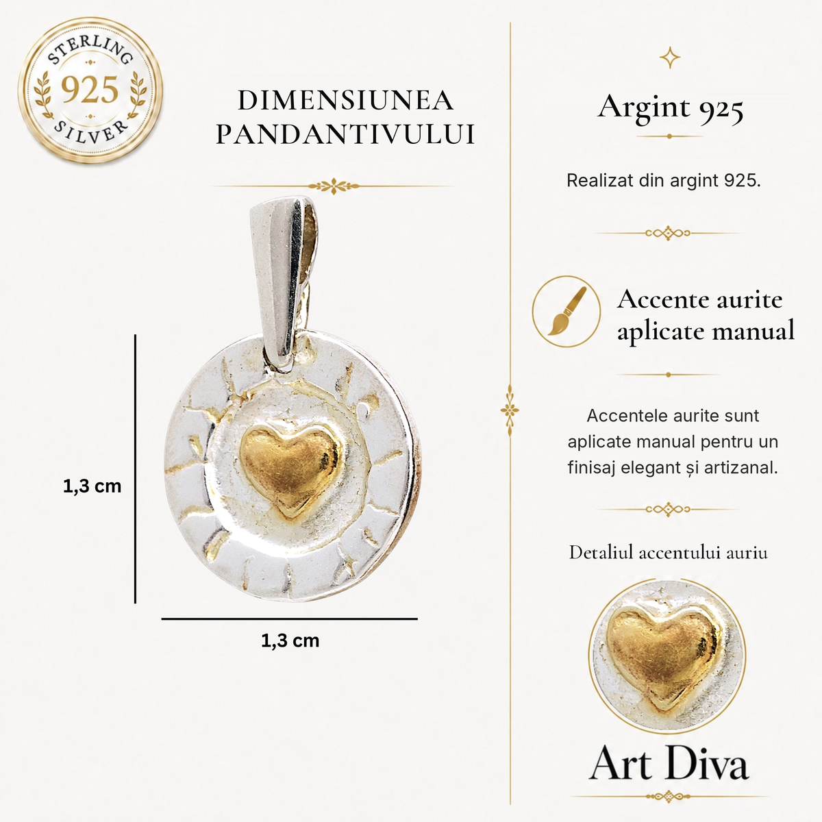 Pandantiv „Inimă aurie în cerc” realizat manual din argint 925 – talisman pentru iubire și căldură, bijuterie în stil boho și rustic | Art Diva