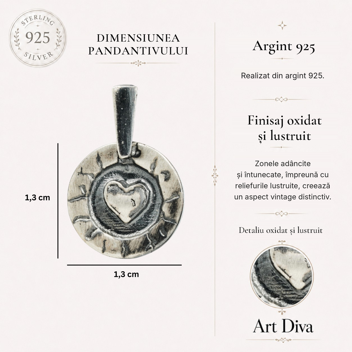 Pandantiv „Inimă în cerc” din argint 925, realizat manual – talisman pentru iubire și protecție, bijuterie sculpturală în stil boho și rustic | Art Diva