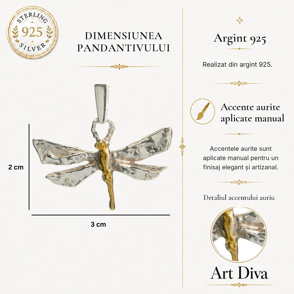 Pandantiv „Libelulă” din argint 925 cu accente aurii – talisman boho realizat manual pentru schimbare și creștere spirituală, bijuterie sculpturală și cadou pentru mamă, fiică sau prietenă | Art Diva