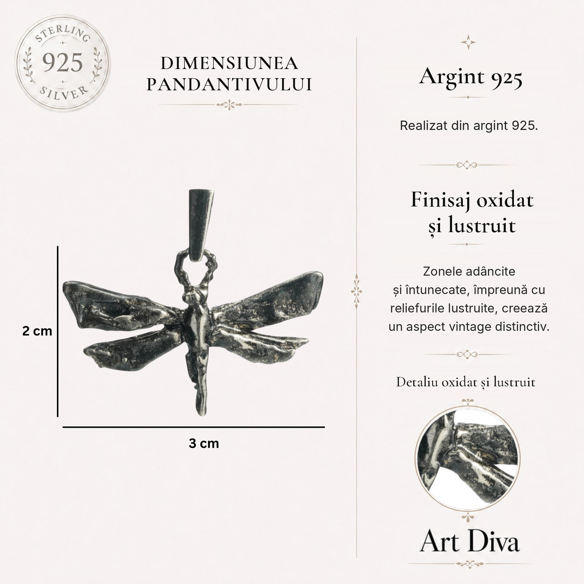 Pandantiv „Libelulă” din argint 925 – talisman boho al schimbării și al creșterii spirituale, bijuterie sculpturală și cadou pentru mamă, fiică sau prietenă | Art Diva