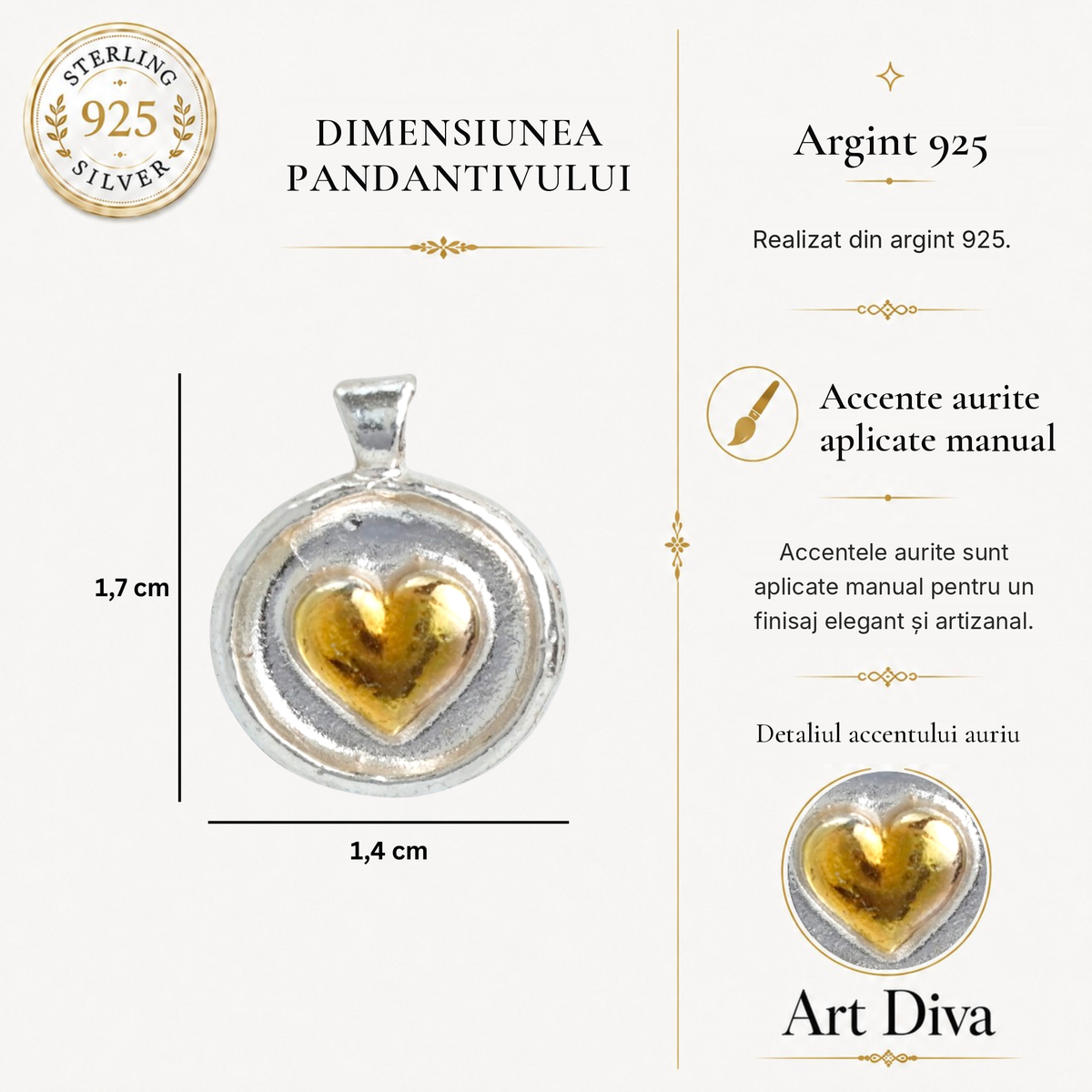 Pandantiv „Inima Aurie” din argint 925 cu accente aurii – simbol al iubirii, al tandreței și al siguranței, bijuterie sculpturală în stil boho și rustic | Art Diva
