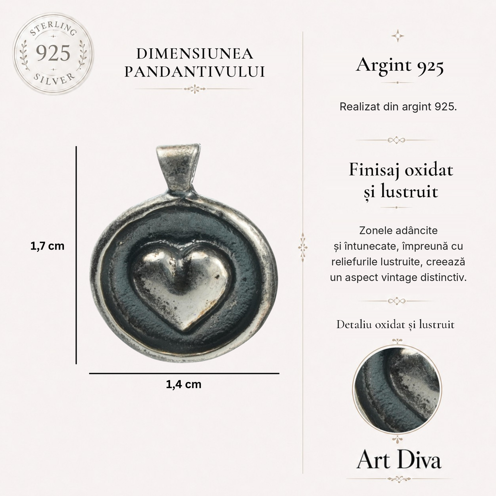 Pandantiv „Inimă” din argint 925, realizat manual – talisman pentru iubire și protecție, bijuterie sculpturală în stil boho și rustic | Art Diva