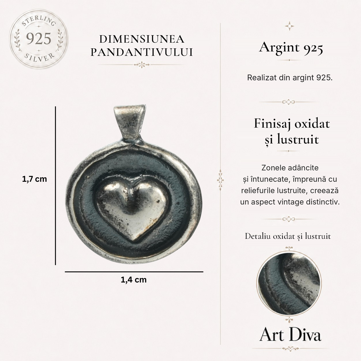 Pandantiv „Inimă” din argint 925, realizat manual – talisman pentru iubire și protecție, bijuterie sculpturală în stil boho și rustic | Art Diva