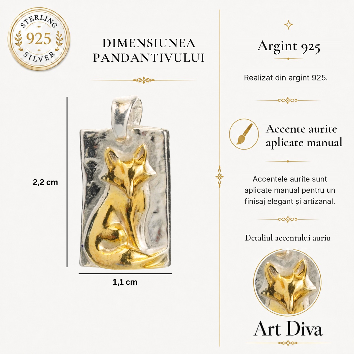 Pandantiv „Vulpe” realizat manual din argint 925 cu accente aurii – simbol al intuiției și grației, bijuterie sculpturală | Art Diva