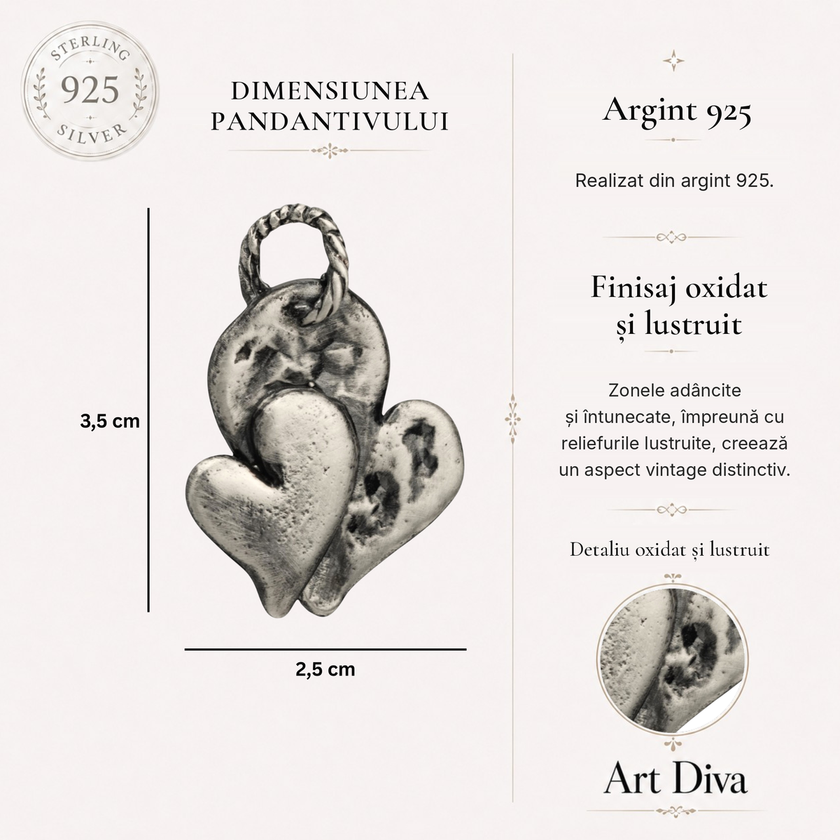 Pandantiv „Inimă dublă” din argint 925 – bijuterie sculpturală în stil boho și rustic | Art Diva