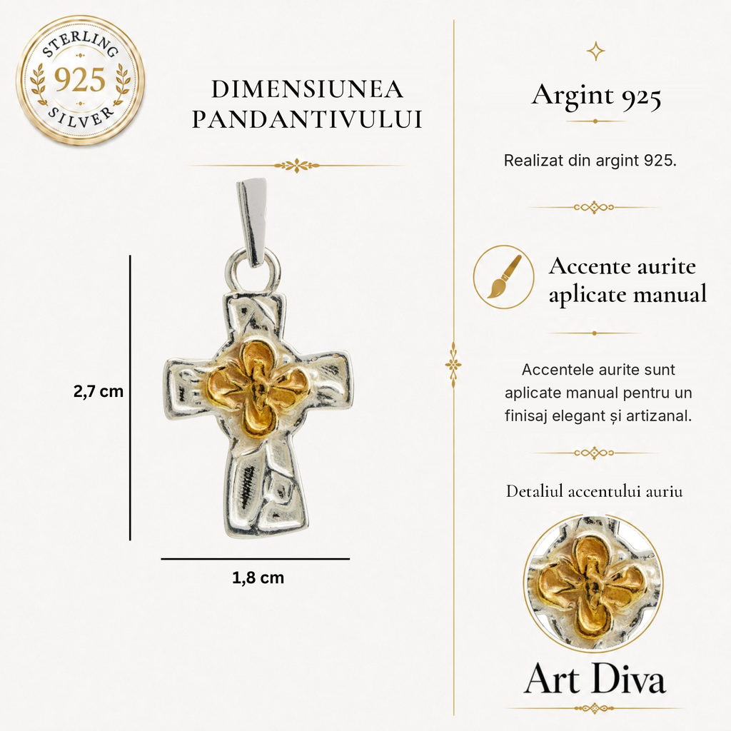 Pandantiv „Cruce cu floare” din argint 925 cu accente aurii – simbol al credinței, forței spirituale, păcii interioare și protecției, bijuterie sculpturală în stil boho și rustic | Art Diva