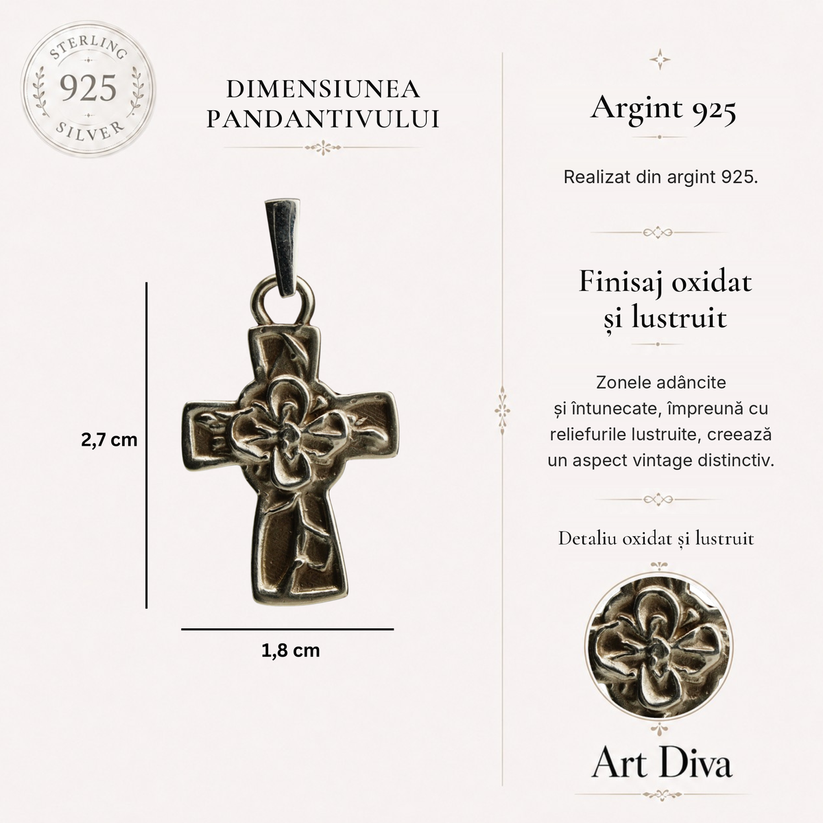 Pandantiv „Cruce cu floare” din argint 925 – talisman handmade pentru credință și speranță, bijuterie sculpturală în stil boho și rustic | Art Diva