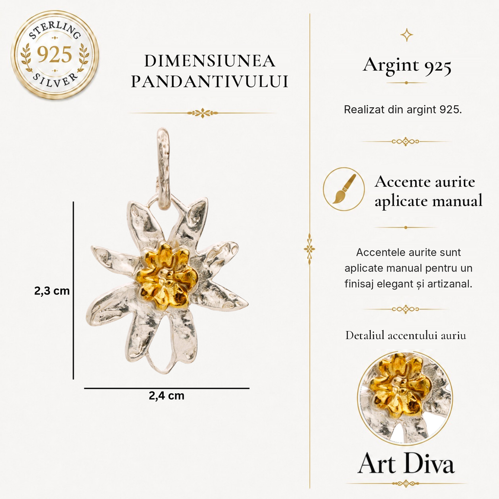 Element „Floare de colț” din argint 925 cu accente aurii – talisman boho realizat manual pentru armonie, bijuterie sculpturală și cadou pentru mamă, fiică sau prietenă | Art Diva