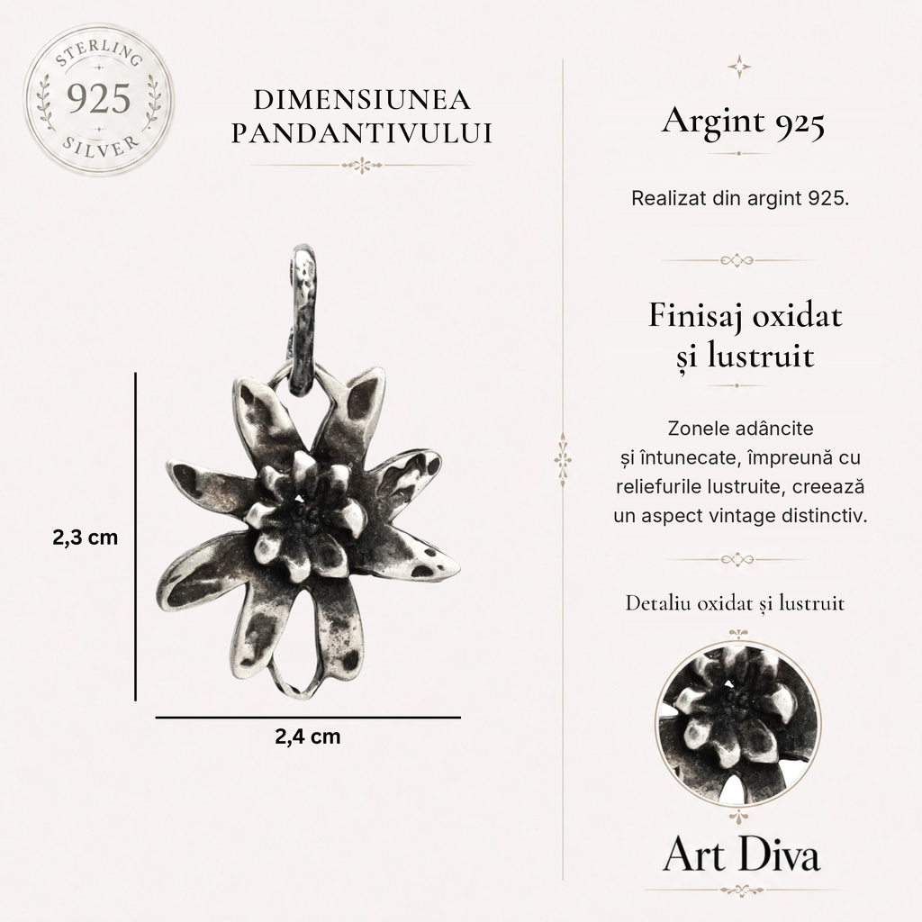 Element „Floare de colț” din argint 925 – talisman boho al armoniei realizat manual, bijuterie sculpturală și cadou pentru mamă, fiică sau prietenă | Art Diva