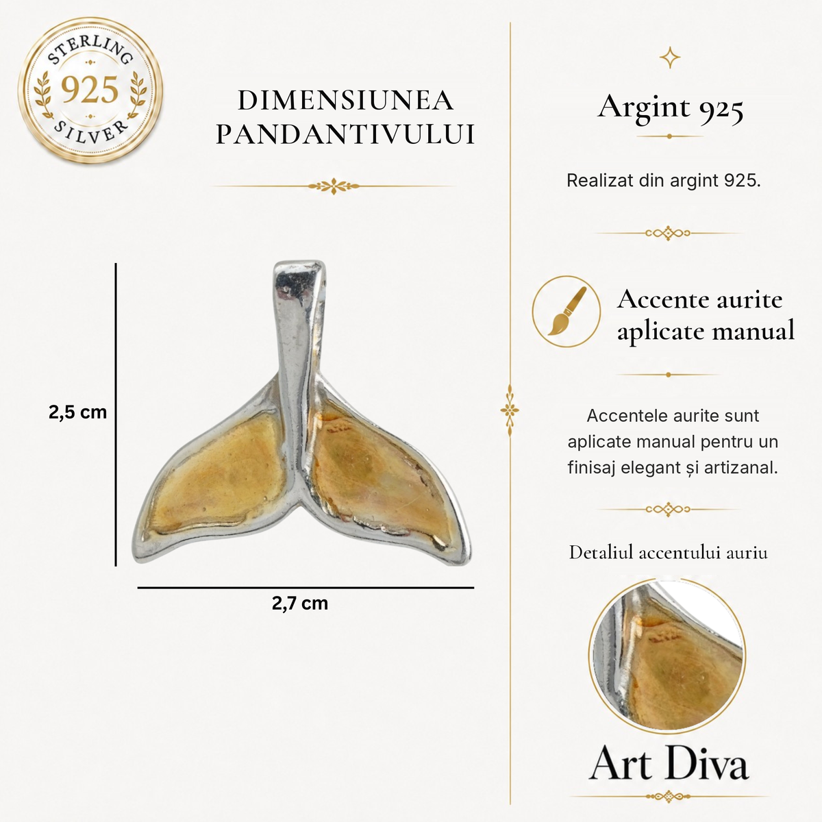Pandantiv „Coadă de balenă” handmade din argint 925 cu accente aurii – simbol al forței, al libertății și al spiritului oceanului | Art Diva