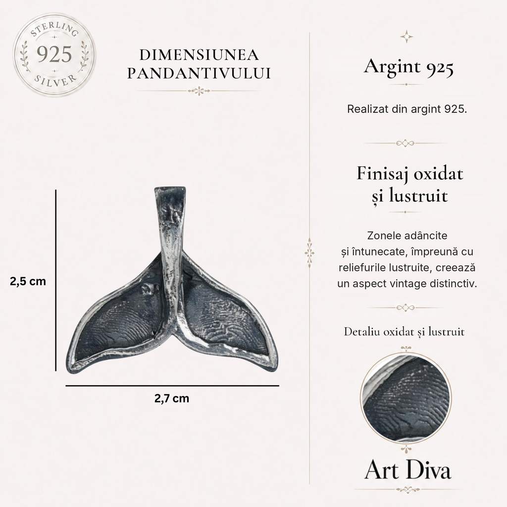 Pandantiv Coadă de balenă pentru bărbați din argint 925 – bijuterie sculpturală realizată manual în stil boho și rustic | Art Diva