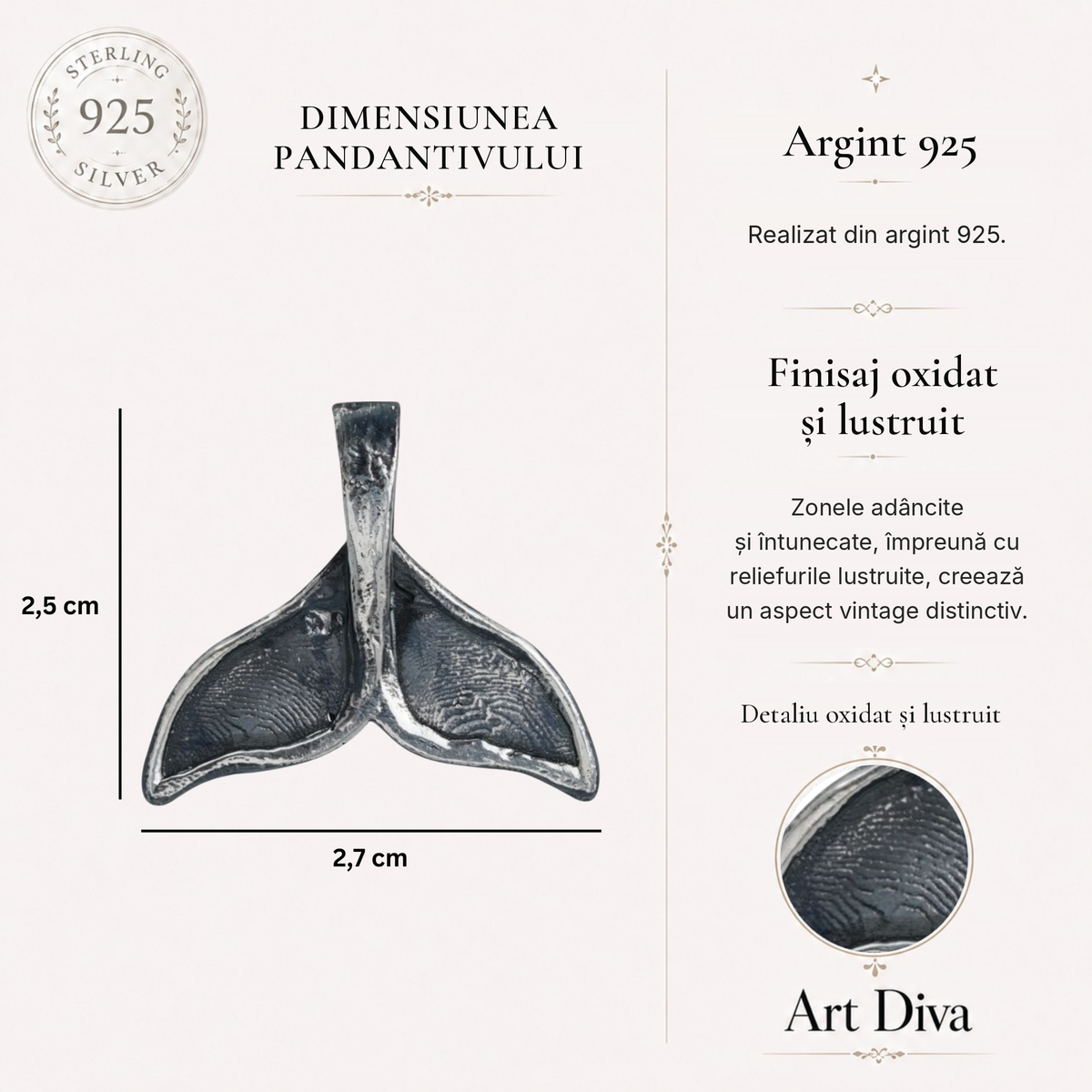 Pandantiv Coadă de balenă pentru bărbați din argint 925 – bijuterie sculpturală realizată manual în stil boho și rustic | Art Diva