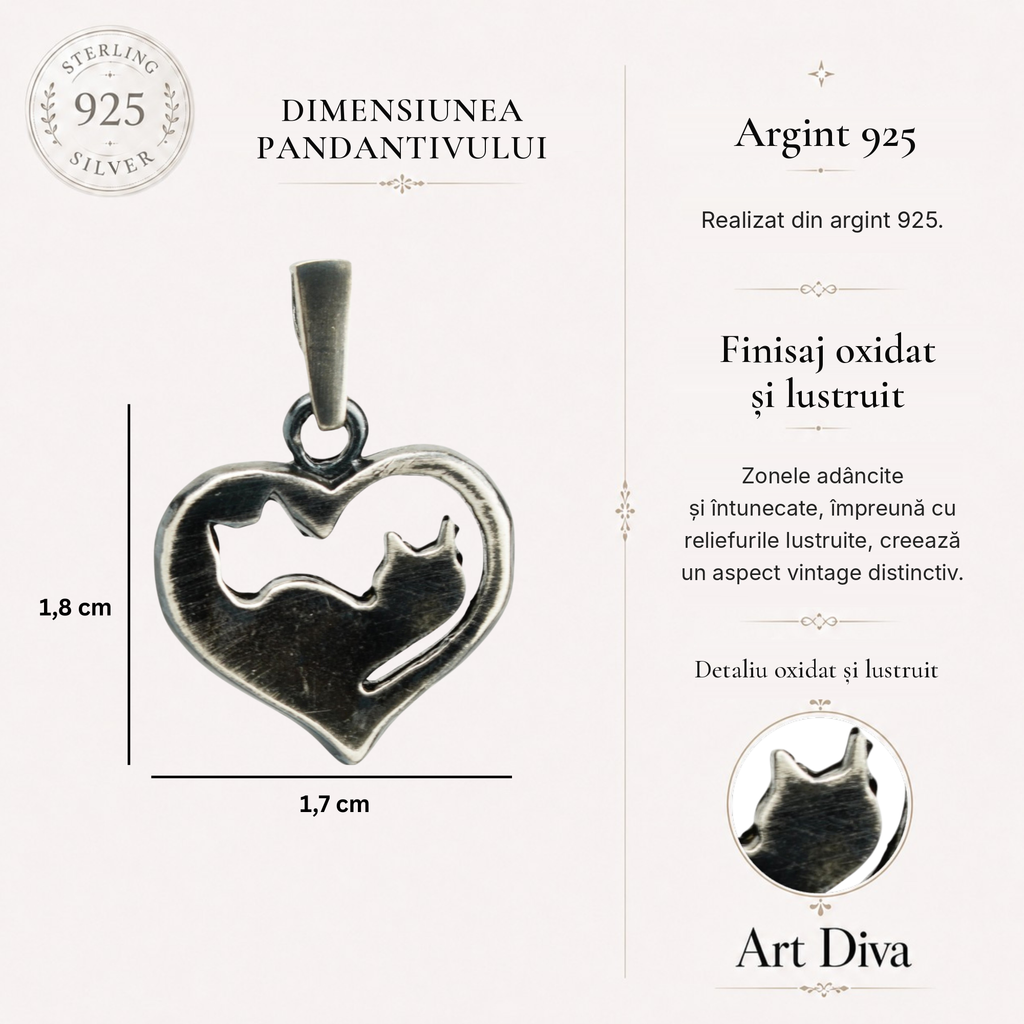 Pandantiv „Pisici Yin-Yang” din argint 925 – simbol al iubirii pentru pisici și al armoniei, bijuterie sculpturală în stil boho și rustic | Art Diva