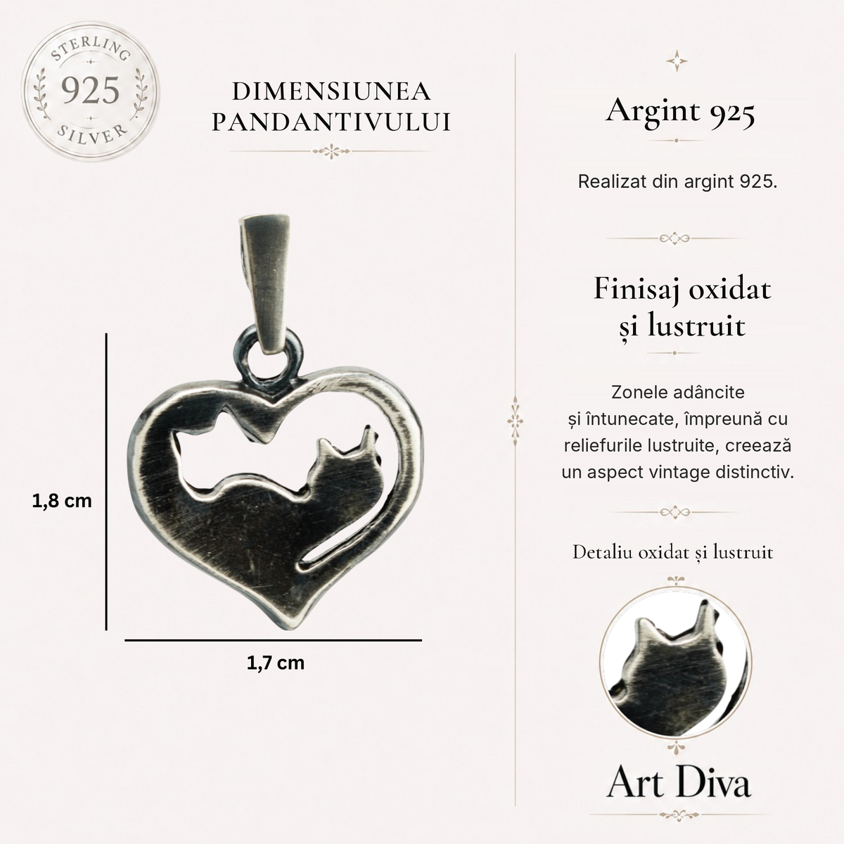 Pandantiv „Pisici Yin-Yang” din argint 925 – simbol al iubirii pentru pisici și al armoniei, bijuterie sculpturală în stil boho și rustic | Art Diva