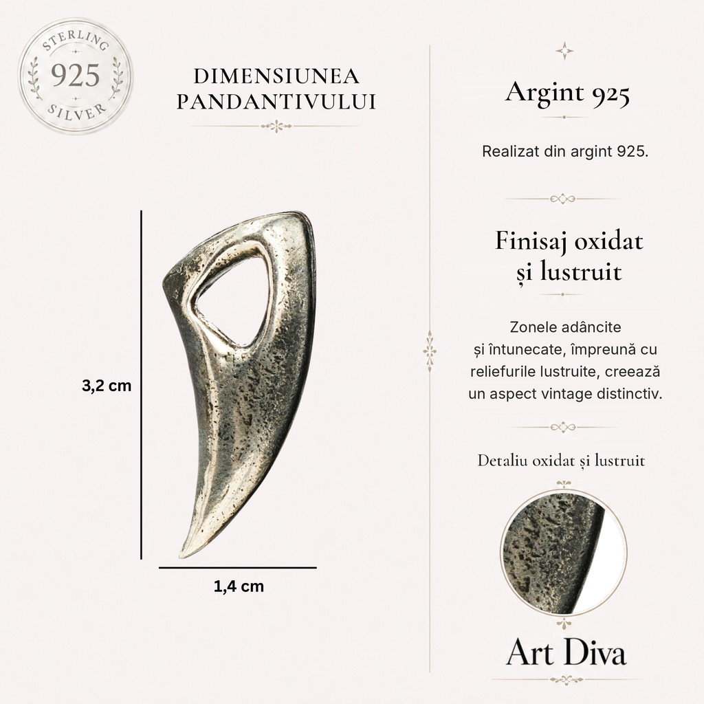 Pandantiv „Dinte de Lup” pentru bărbați din argint 925, parțial oxidat – talisman pentru forță și protecție | Art Diva
