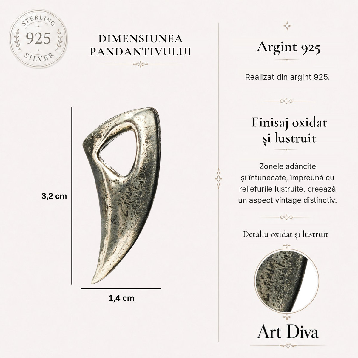 Pandantiv „Dinte de Lup” pentru bărbați din argint 925, parțial oxidat – talisman pentru forță și protecție | Art Diva