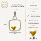 Pandantiv „Inimă în pătrat” realizat manual din argint 925 cu accente de culoarea aurului, talisman pentru iubire și echilibru – bijuterie sculpturală în stil boho și rustic | Art Diva
