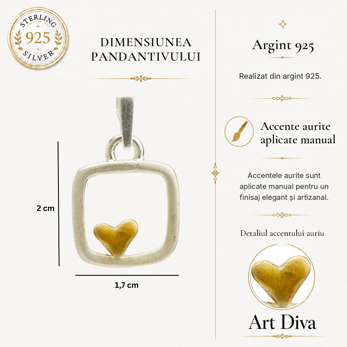 Pandantiv „Inimă în pătrat” realizat manual din argint 925 cu accente de culoarea aurului, talisman pentru iubire și echilibru – bijuterie sculpturală în stil boho și rustic | Art Diva