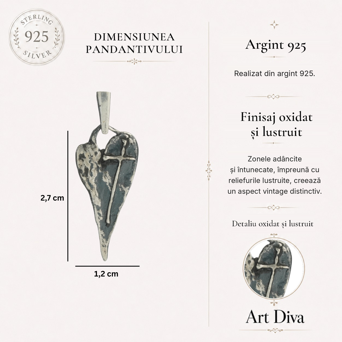 Pandantiv „Inimă alungită cu cruce” din argint 925 – talisman boho pentru credința în iubire, bijuterie sculpturală și cadou pentru mamă, fiică sau prietenă | Art Diva