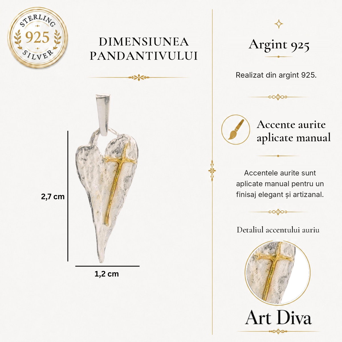 Pandantiv „Inimă alungită cu cruce” din argint 925 cu accente aurii – talisman boho realizat manual pentru credința în iubire, bijuterie sculpturală și cadou pentru mamă, fiică sau prietenă | Art Diva