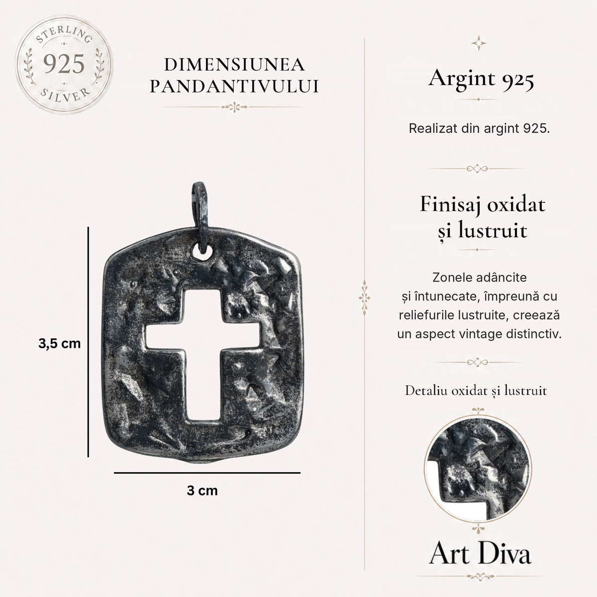 Pandantiv cruce mare și masivă pentru bărbați din argint 925 cu suprafață texturată – parțial oxidat, în stil vintage | Art Diva