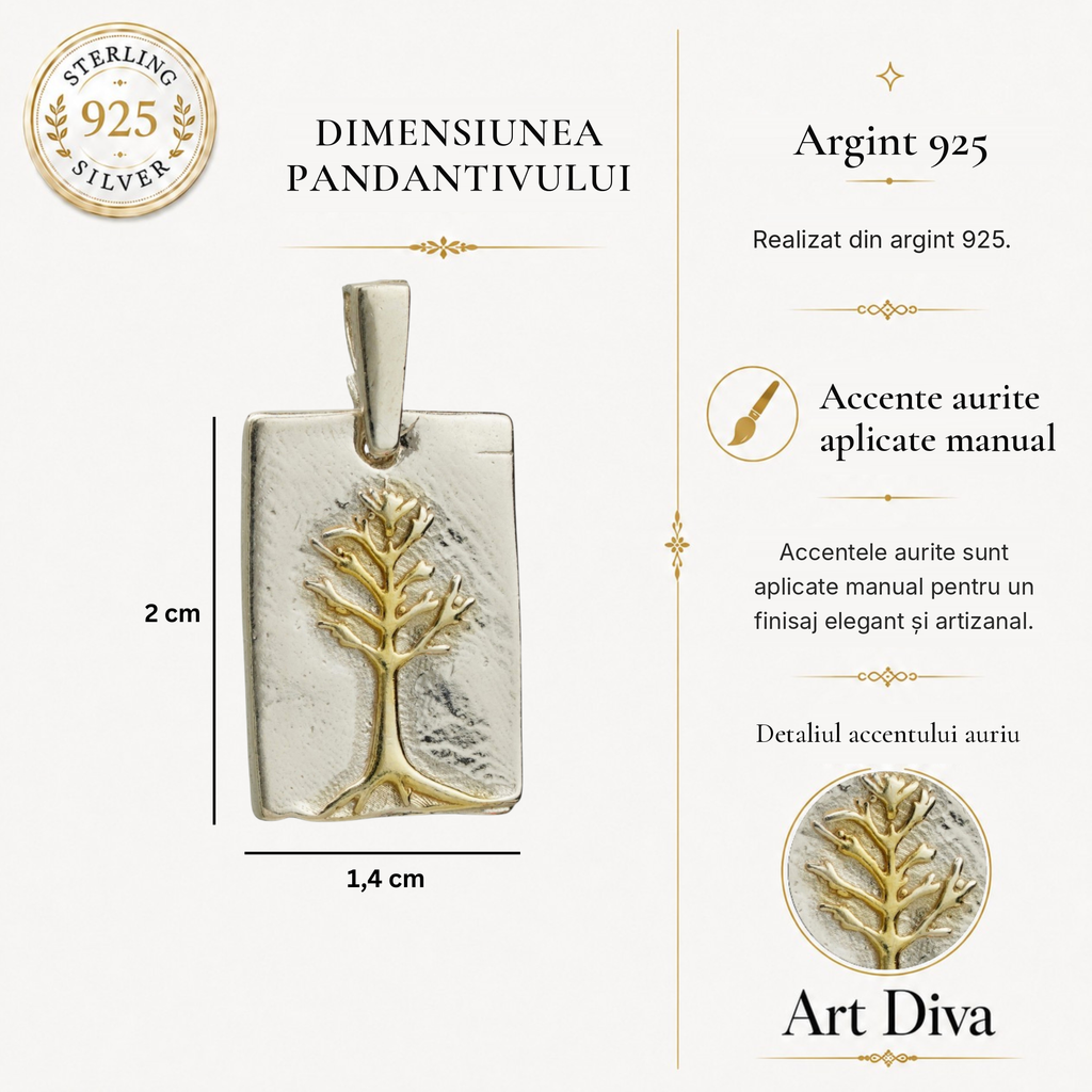Pandantiv „Pomul Vieții” din argint 925 cu accente aurii – talisman al legăturii de familie, al protecției și al armoniei, bijuterie sculpturală boho și rustică | Art Diva