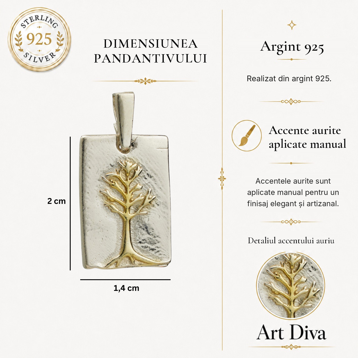Pandantiv „Pomul Vieții” din argint 925 cu accente aurii – talisman al legăturii de familie, al protecției și al armoniei, bijuterie sculpturală boho și rustică | Art Diva
