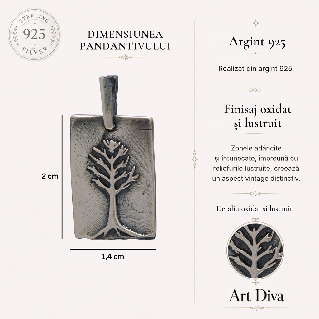 Pandantiv „Pomul vieții” din argint 925 – talisman parțial oxidat pentru apropiere în familie, protecție și armonie, bijuterie sculpturală în stil boho, rustic și vintage | Art Diva