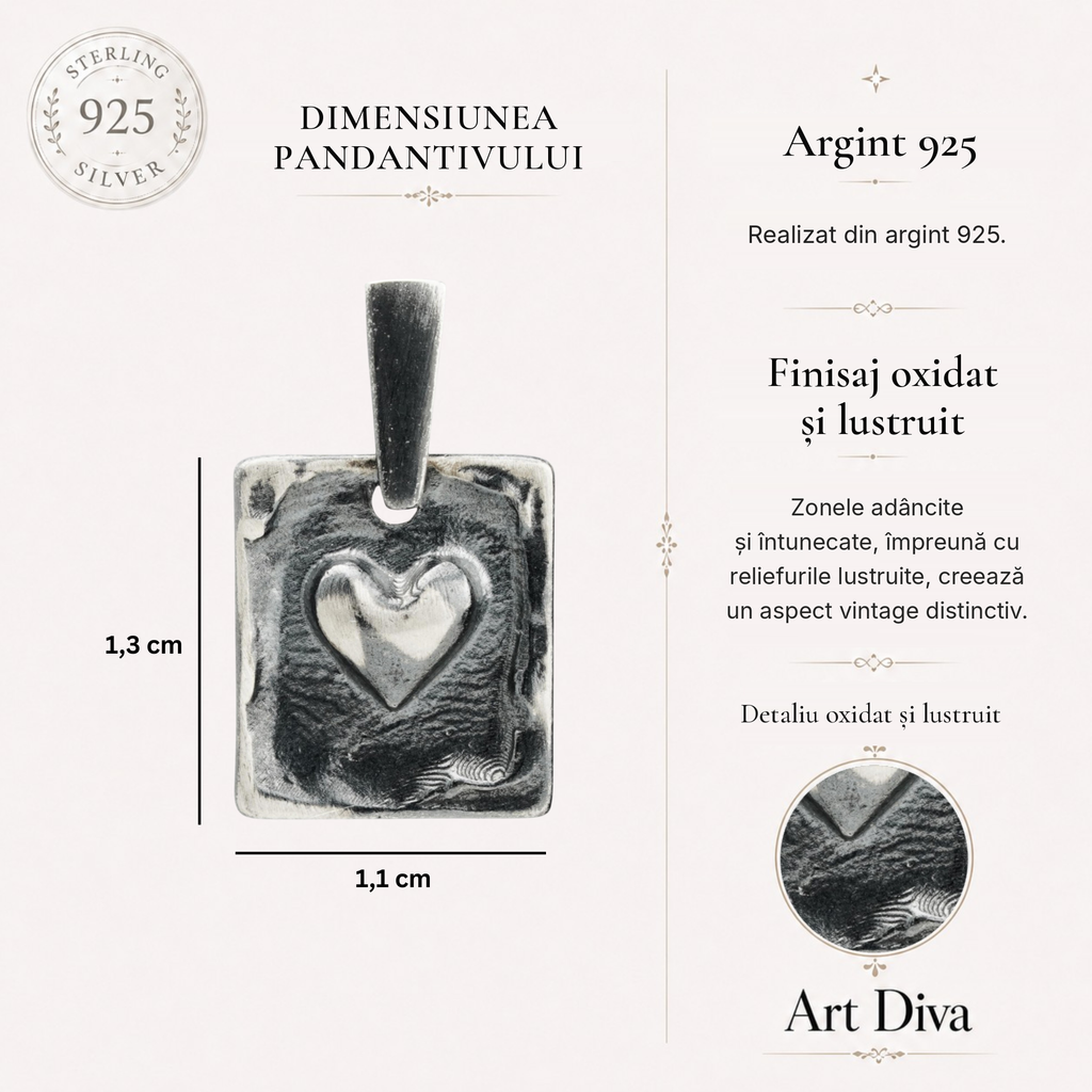 Pandantiv „Inimă” din argint 925, realizat manual – talisman pentru iubire și protecție în stil boho și rustic | Art Diva