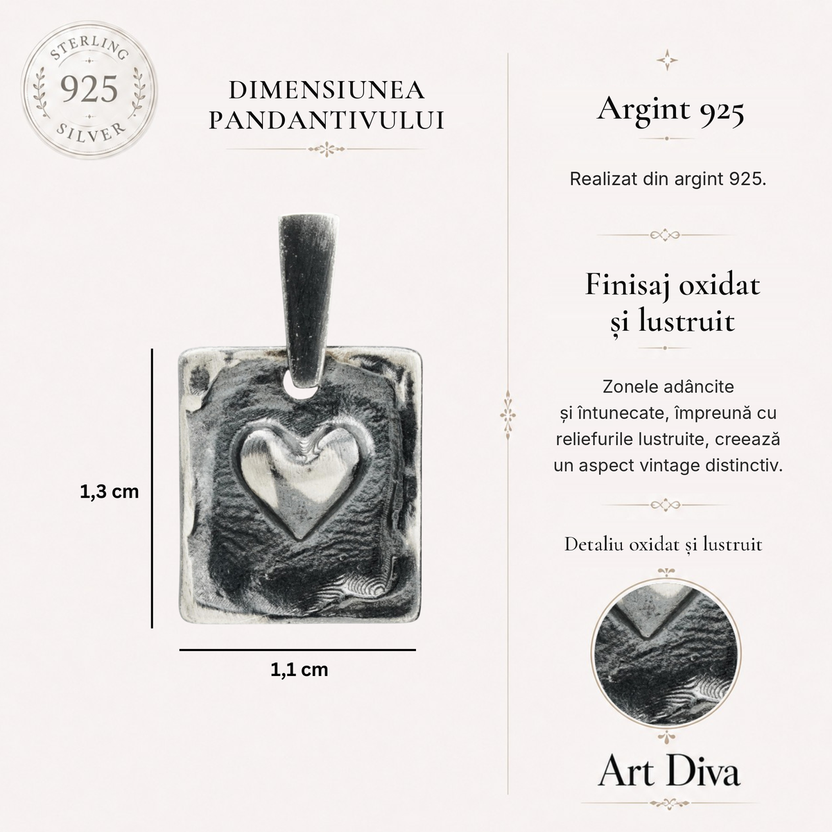 Pandantiv „Inimă” din argint 925, realizat manual – talisman pentru iubire și protecție în stil boho și rustic | Art Diva