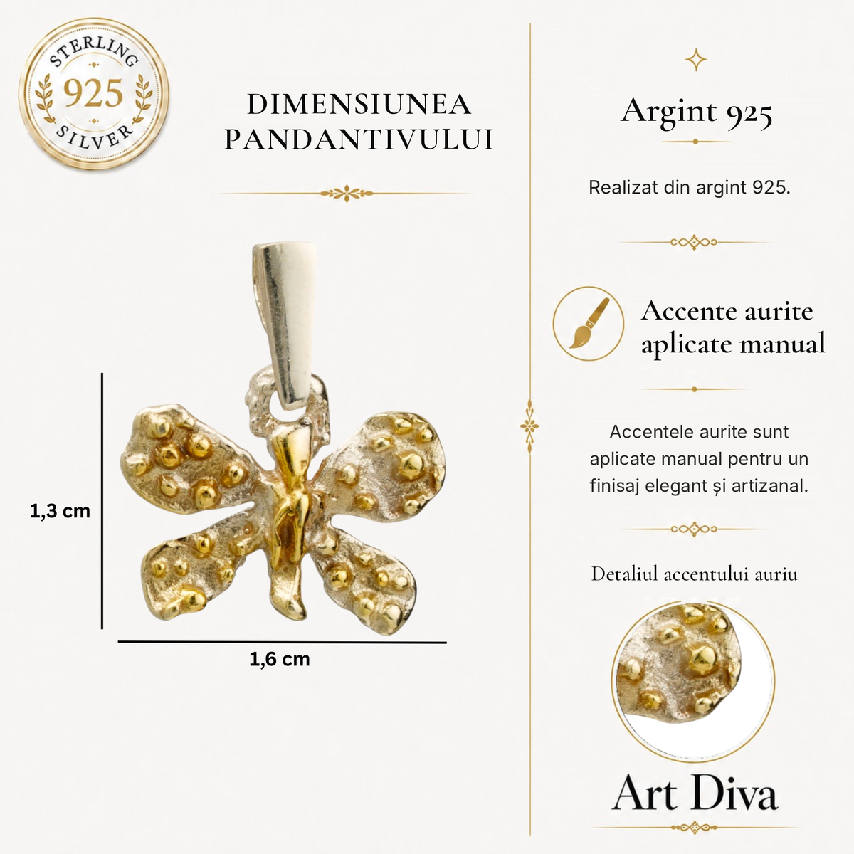Pandantiv „Fluturaș” din argint 925 cu accente aurii – talisman pentru schimbare și lejeritate, realizat manual în stil boho și rustic | Art Diva
