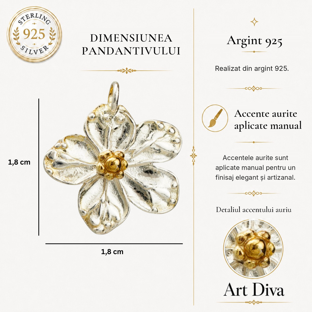 Pandantiv „Floare de cireș” handmade din argint 925 cu accente aurii – simbol al primăverii, al purității și al unui nou început | Art Diva